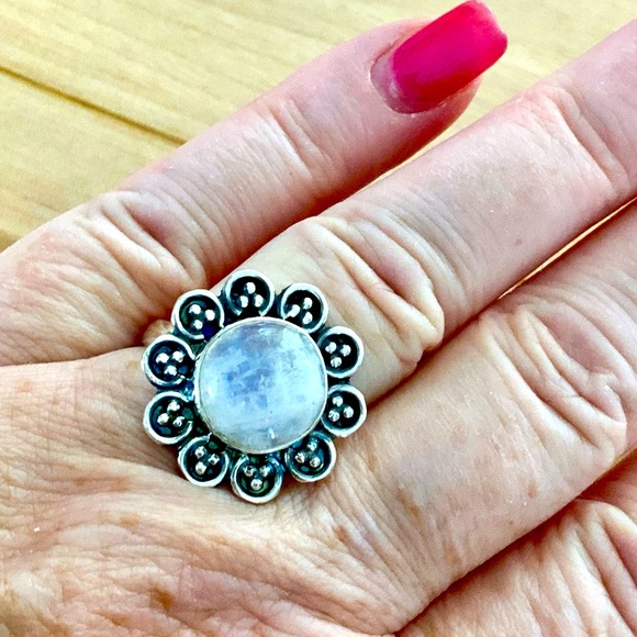 Rainbow Moonstone Flower Solid 925 Sterling Silver Ring - Picture 1 of 4